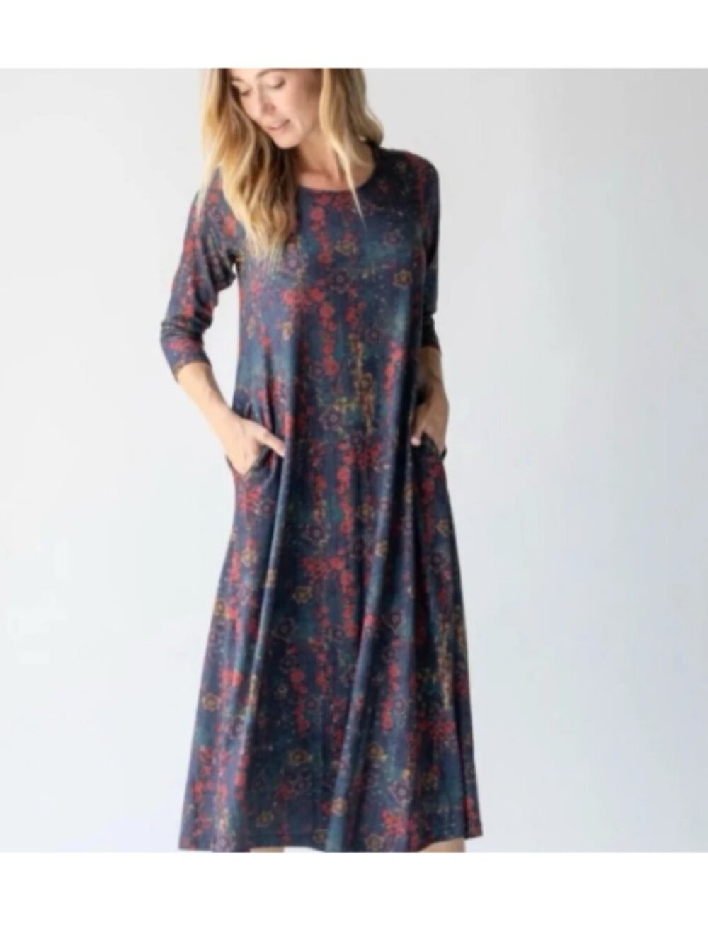 Natural Life Lottie Sweater Knit Midi Dress Dark Moody Florals Cottagecore Flowy